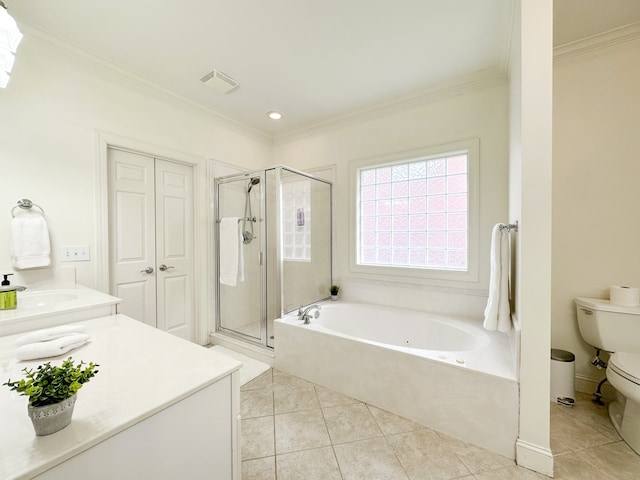 full bathroom featuring crown molding, independent shower and bath, toilet, tile patterned flooring, and vanity