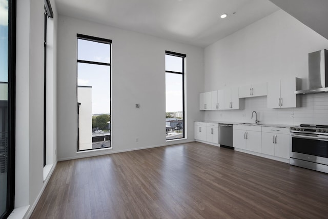 kitchen with dark hardwood / wood-style floors, a healthy amount of sunlight, stainless steel appliances, and wall chimney exhaust hood