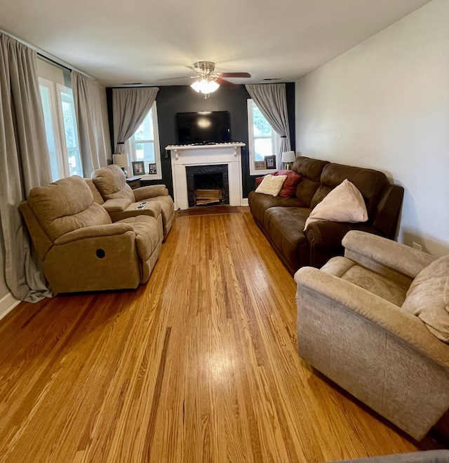 living room featuring ceiling fan and light hardwood / wood-style flooring