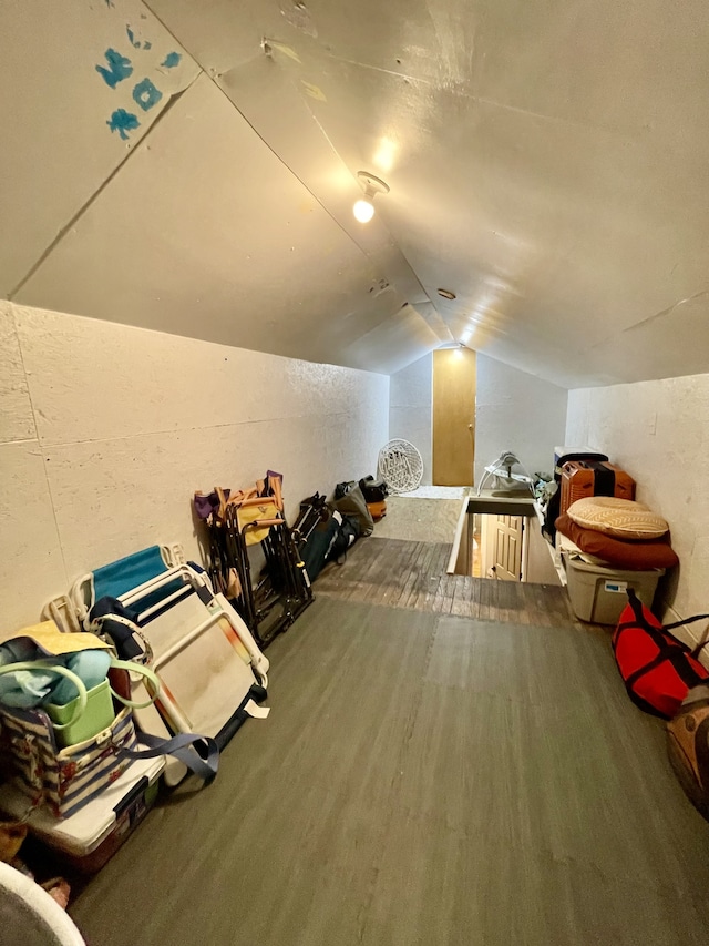 recreation room featuring lofted ceiling and hardwood / wood-style flooring