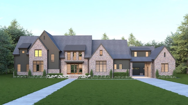 view of front facade with a front lawn, concrete driveway, and roof with shingles