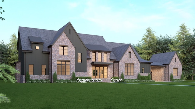 view of front of house featuring brick siding, board and batten siding, a front yard, and a shingled roof