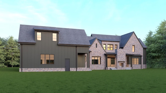 view of front of home featuring board and batten siding, a shingled roof, and a front lawn