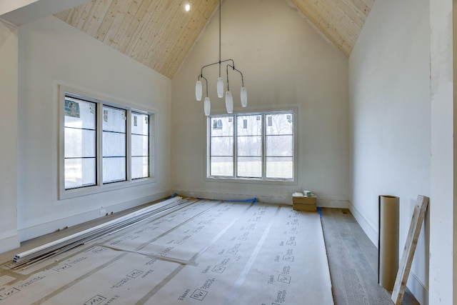 unfurnished dining area featuring a wealth of natural light, high vaulted ceiling, hardwood / wood-style floors, and wooden ceiling