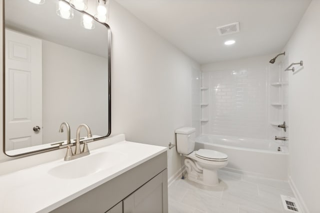 full bathroom with vanity, bathtub / shower combination, tile patterned flooring, and toilet