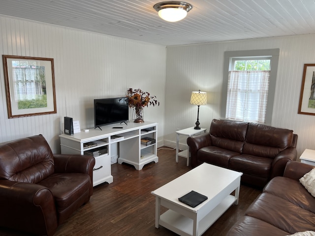 living room with dark hardwood / wood-style flooring