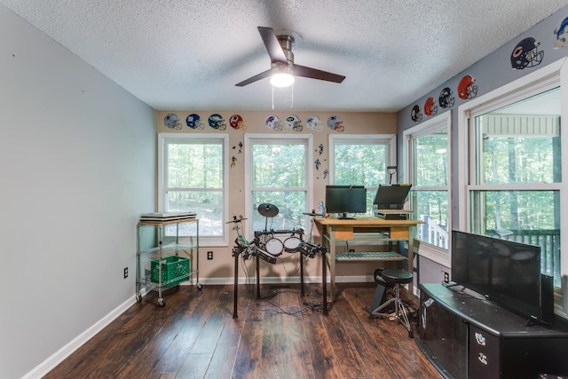 office with plenty of natural light, dark hardwood / wood-style floors, and a textured ceiling