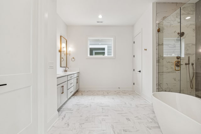 bathroom featuring vanity, separate shower and tub, and tile patterned flooring