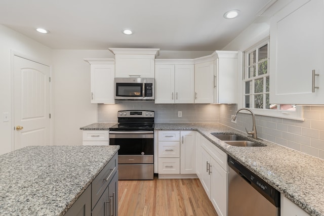 kitchen with stainless steel appliances, white cabinetry, light hardwood / wood-style floors, tasteful backsplash, and sink