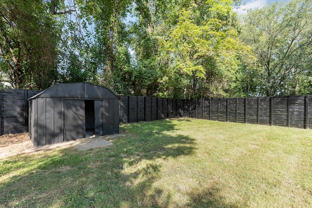 view of yard featuring a storage unit