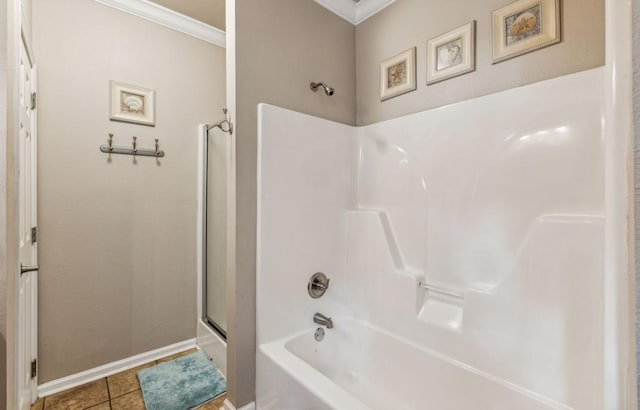 full bath featuring  shower combination, crown molding, baseboards, and tile patterned floors