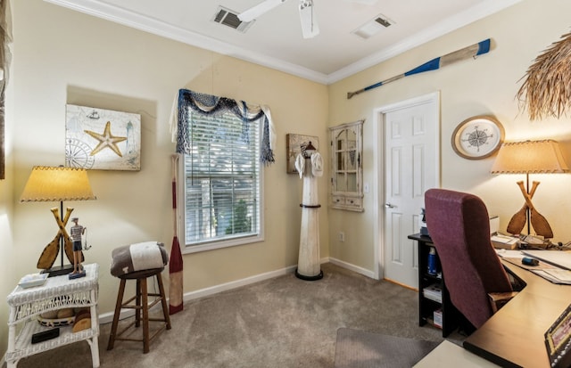 carpeted office featuring ceiling fan and ornamental molding