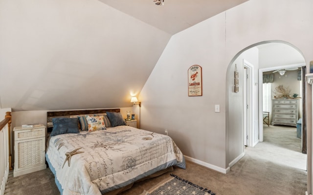 bedroom featuring lofted ceiling and carpet floors