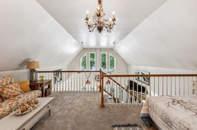 carpeted bedroom featuring vaulted ceiling and an inviting chandelier