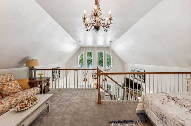 carpeted bedroom featuring vaulted ceiling