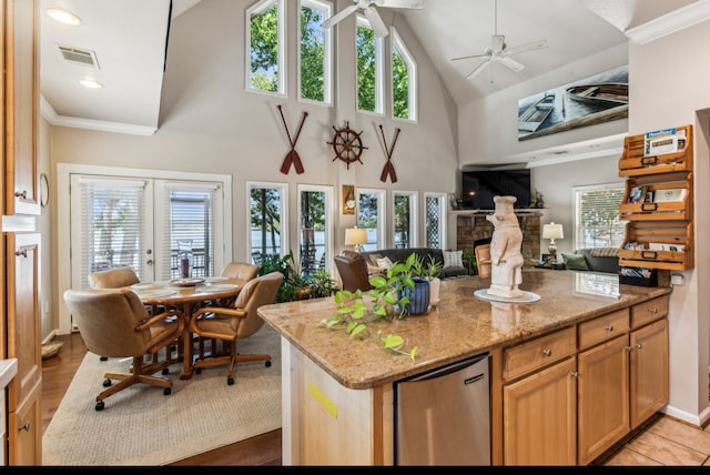 kitchen with a stone fireplace, ceiling fan, and a wealth of natural light