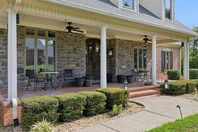 view of patio / terrace featuring ceiling fan and a porch