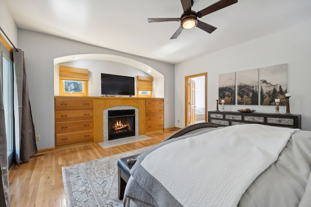 bedroom featuring light wood-type flooring and ceiling fan