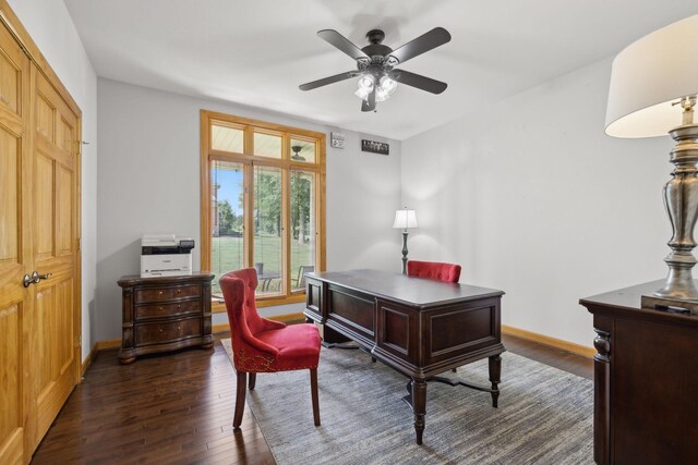 office space with dark wood-type flooring and ceiling fan