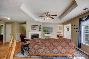 living room with ceiling fan, wood-type flooring, and a tray ceiling