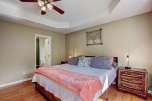 bedroom featuring wood-type flooring, a tray ceiling, and ceiling fan