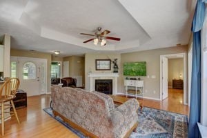 living room featuring ceiling fan, a raised ceiling, and light hardwood / wood-style floors