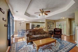 living room with ceiling fan, a tray ceiling, and hardwood / wood-style floors