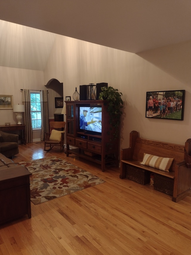 living room featuring light wood-type flooring and lofted ceiling