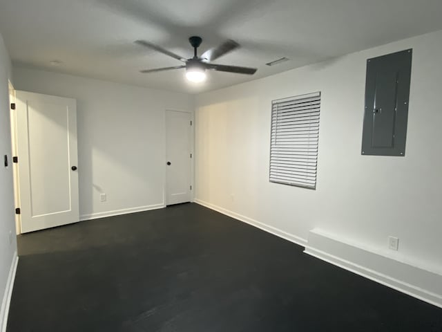 unfurnished room with electric panel and ceiling fan