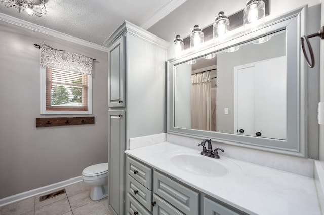588 E Church St, Alamo, TN 38001 - bathroom with visible vents, toilet, tile patterned floors, a textured ceiling, and vanity