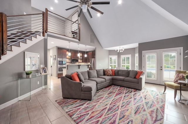 588 E Church St, Alamo, TN 38001 - living area with visible vents, ceiling fan with notable chandelier, french doors, high vaulted ceiling, and recessed lighting