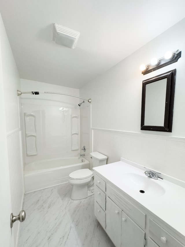 full bathroom with decorative backsplash, tile patterned floors, shower / bathtub combination, vanity, and toilet