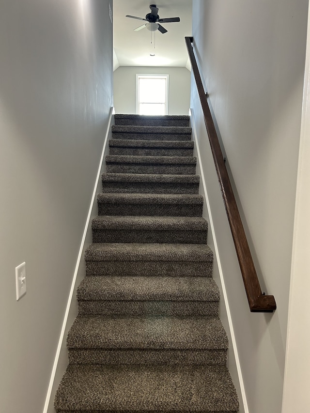 staircase featuring ceiling fan