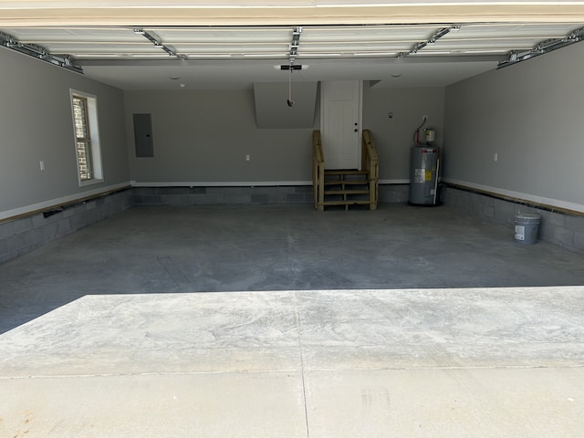 garage featuring electric water heater, electric panel, and a garage door opener