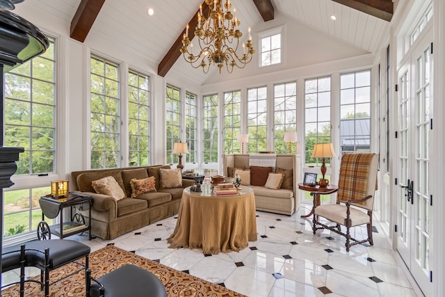 sunroom / solarium with french doors, a chandelier, vaulted ceiling with beams, and plenty of natural light