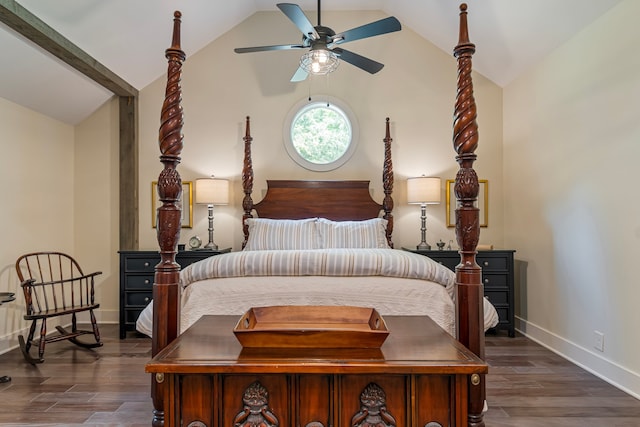 bedroom featuring ceiling fan, dark hardwood / wood-style flooring, and lofted ceiling