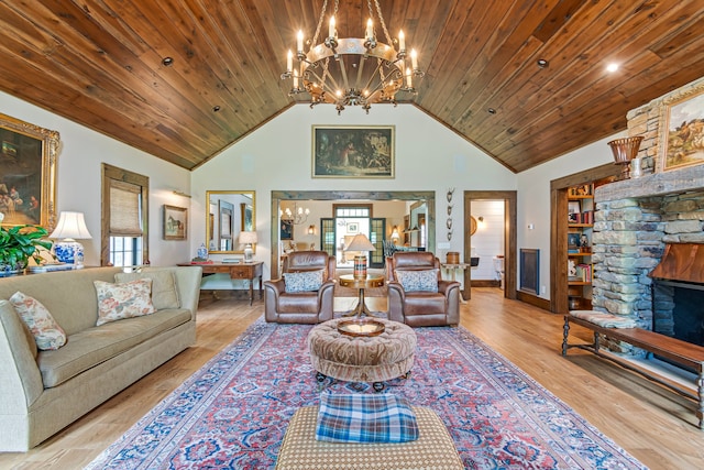 living room with high vaulted ceiling, a chandelier, wood ceiling, and light hardwood / wood-style floors