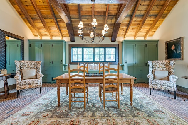 dining area with a notable chandelier, lofted ceiling with beams, and wood ceiling