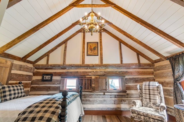 bedroom featuring a notable chandelier, high vaulted ceiling, hardwood / wood-style flooring, and beamed ceiling