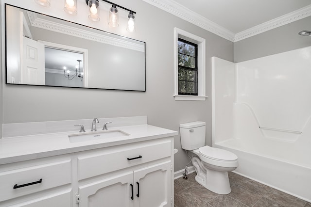 full bathroom featuring vanity, shower / washtub combination, crown molding, an inviting chandelier, and toilet