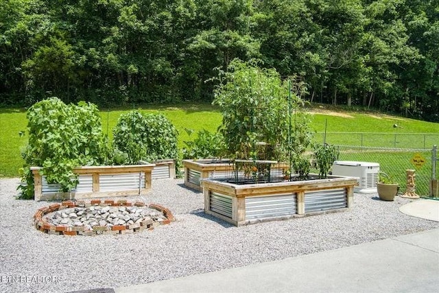 view of patio featuring a vegetable garden and fence