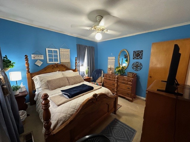 bedroom featuring light carpet, a textured ceiling, ceiling fan, and multiple windows