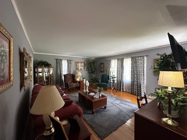 living room with hardwood / wood-style flooring and crown molding