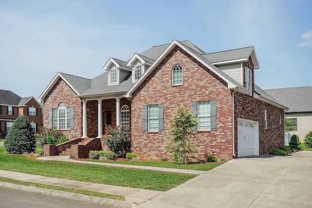 view of front of property with a garage and a front yard