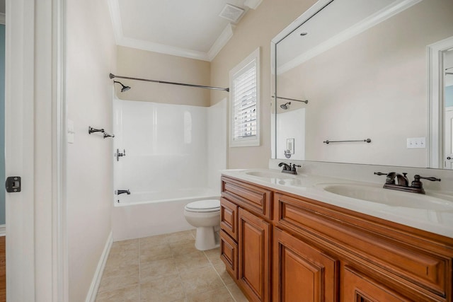 full bathroom with toilet, crown molding, shower / washtub combination, vanity, and tile patterned flooring