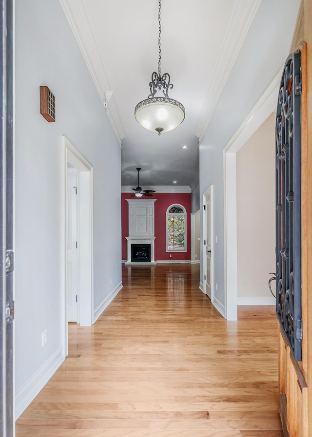 foyer entrance with crown molding, ceiling fan, and light hardwood / wood-style flooring