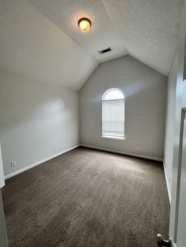 additional living space featuring dark colored carpet, a textured ceiling, and vaulted ceiling