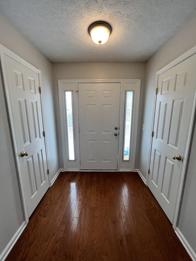 foyer featuring a textured ceiling, a wealth of natural light, and dark hardwood / wood-style flooring