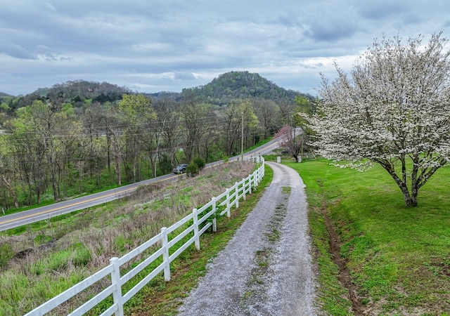 exterior space featuring fence, a mountain view, a wooded view, a rural view, and driveway