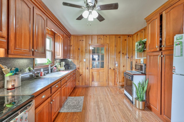 kitchen with tasteful backsplash, a ceiling fan, light wood-style flooring, brown cabinets, and a sink